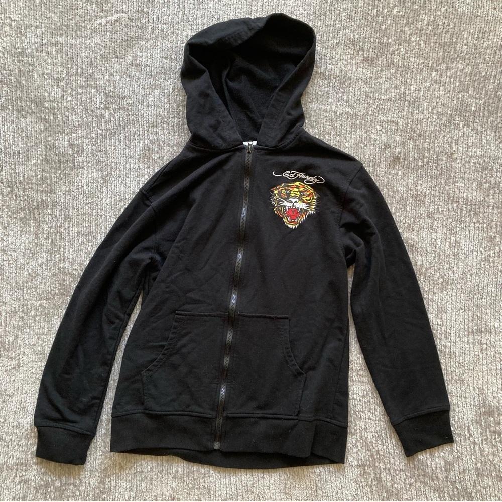 Ed Hardy Youth 10/12 Hoodie Black Tiger Graphic Zip Punk Y2K Streetwear Emo